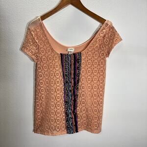 Daytrip Peach Lace Boho Top M Aztec Studded Short Sleeve Buckle